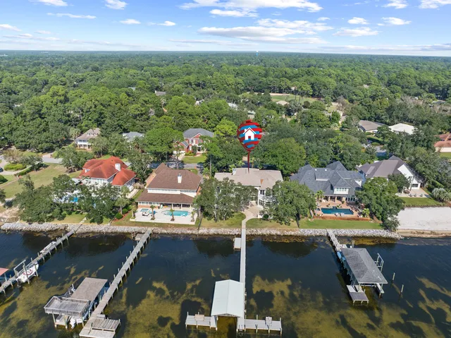 an aerial view of residential houses with outdoor space and swimming pool