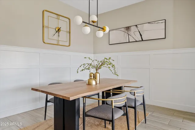 a view of a dining room with furniture