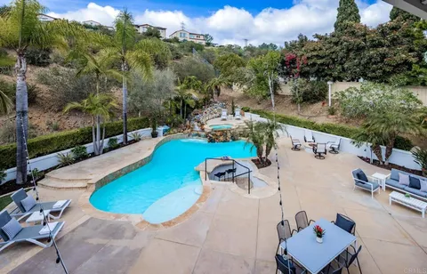 a view of a swimming pool with a yard