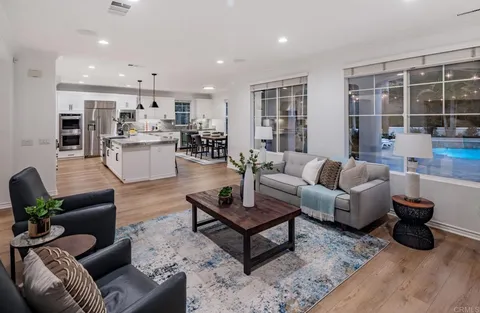 a living room with furniture potted plant and kitchen view