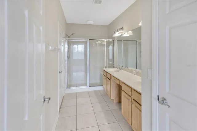 a bathroom with a sink a mirror and a shower
