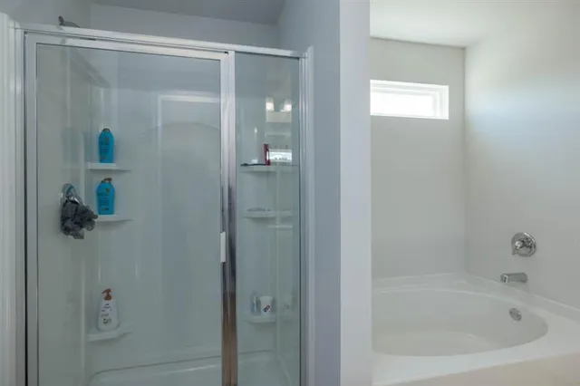 a bathroom with a bathtub and a shower