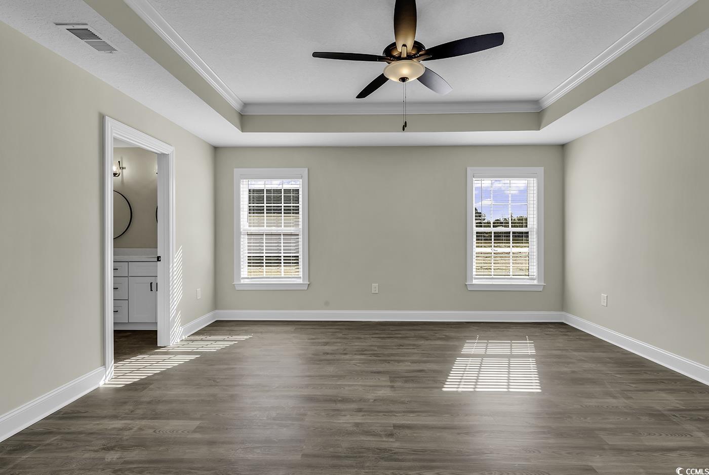 3255 Red Bluff Road Loris, SC 29569 - Photo 33 of 38 Unfurnished room featuring a raised ceiling, crown molding, dark wood-type flooring, and plenty of natural light
