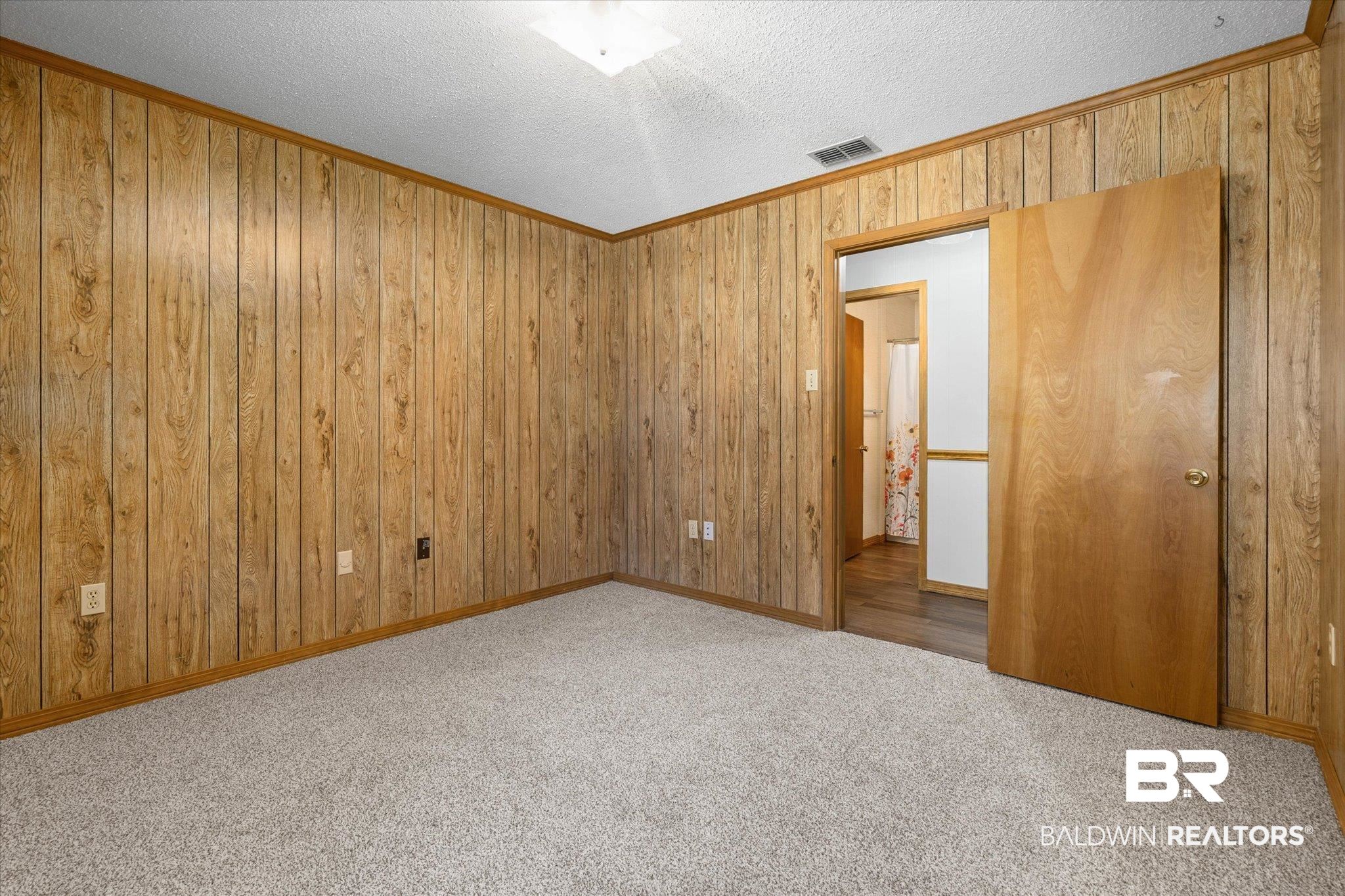 5503 Darring Street Satsuma, AL 36572 - Photo 21 of 31 Unfurnished room featuring carpet flooring, wooden walls, crown molding, and a textured ceiling