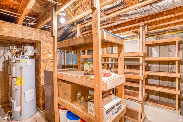 48 South Sage Road Pine Valley, UT 84781 - Photo 47 of 61 Unfinished basement area featuring exposed wood joists and concrete walls, overhead lighting, and built-in wood shelving units
