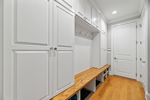 a room with table and closet