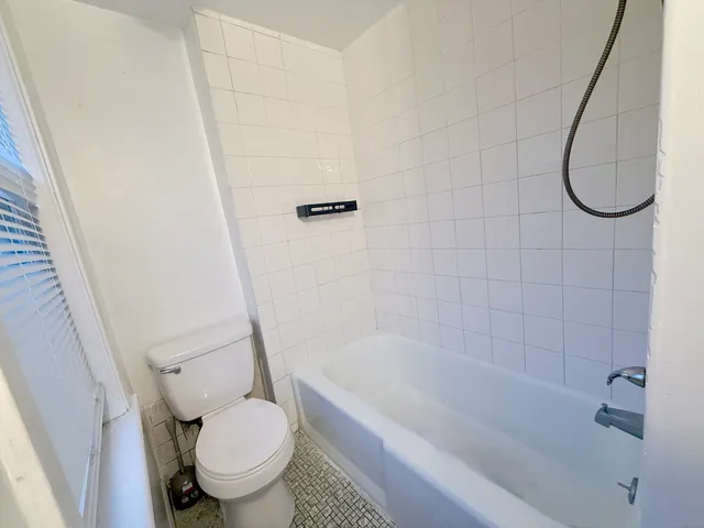 a white toilet sitting next to a bath tub