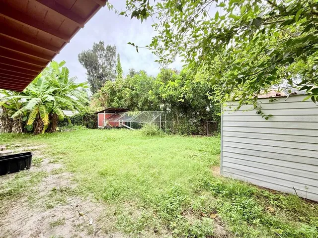 a view of a backyard with plants and a garden