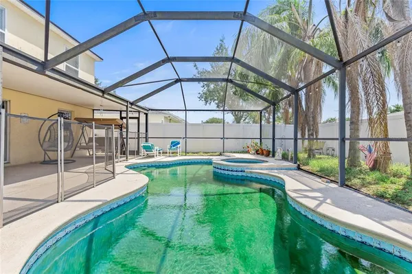 a view of a backyard with a swimming pool