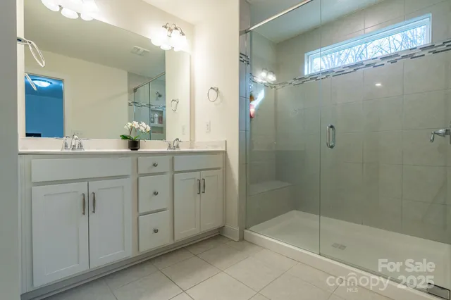 a bathroom with a shower a mirror a sink and a shower