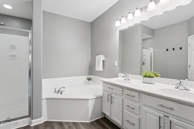 a bathroom with a sink double vanity and a mirror