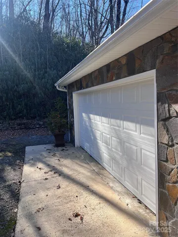 a view of a garage with storage