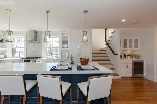 a view of a dining room and furniture
