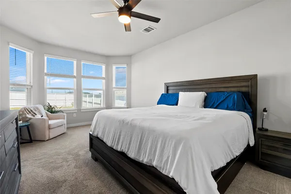 a bedroom with a bed and a couch