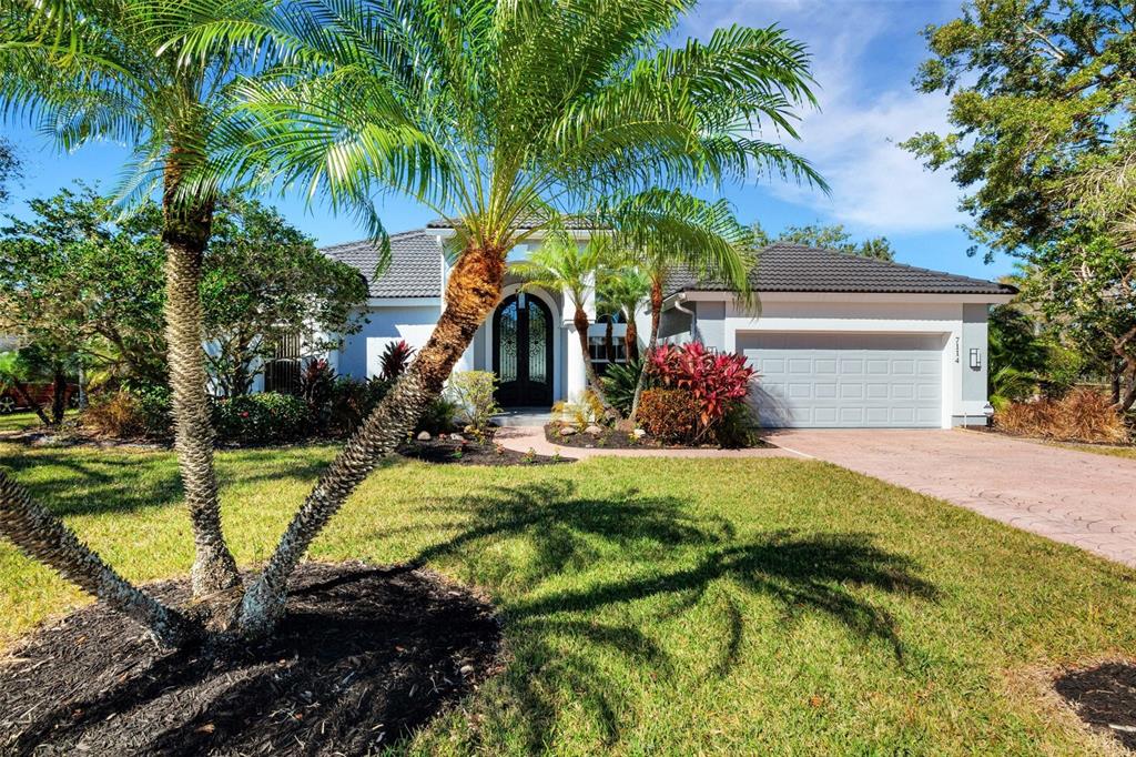 a house view with a garden space and palm trees