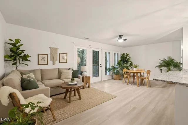 a living room with furniture and a potted plant