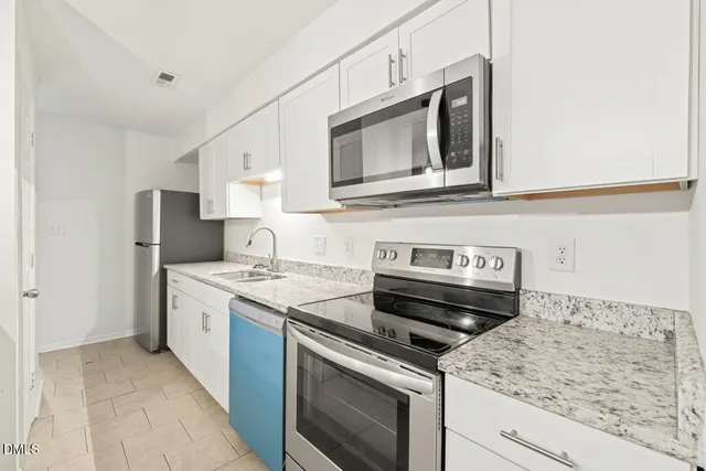 a kitchen with a stove and a microwave
