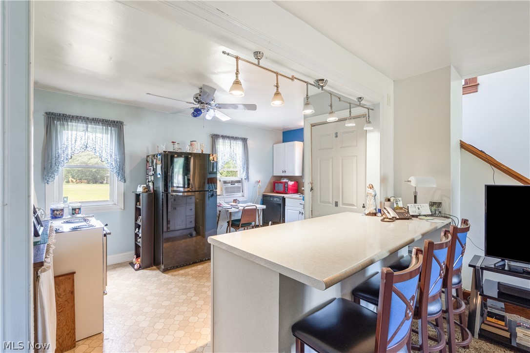 6324 Struthers Road Youngstown, OH 44514 - Photo 24 of 42 Kitchen featuring an extended breakfast bar, track lighting, ceiling fan, and multiple windows