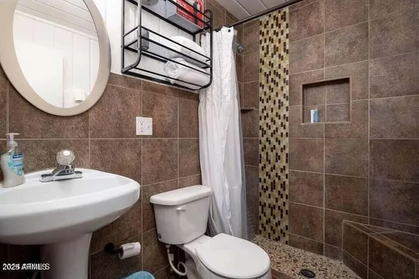a bathroom with a sink a toilet and a mirror