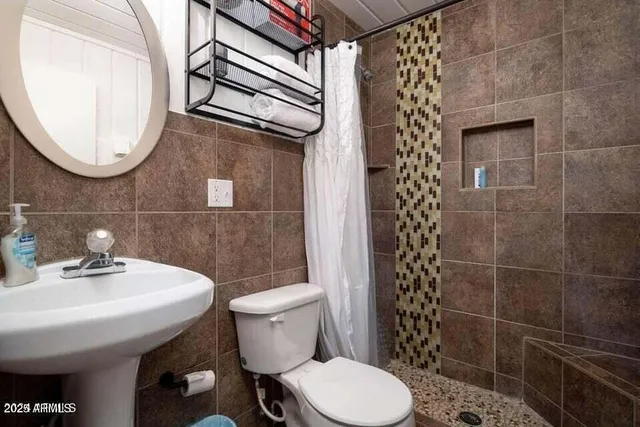 a bathroom with a sink a toilet and a mirror