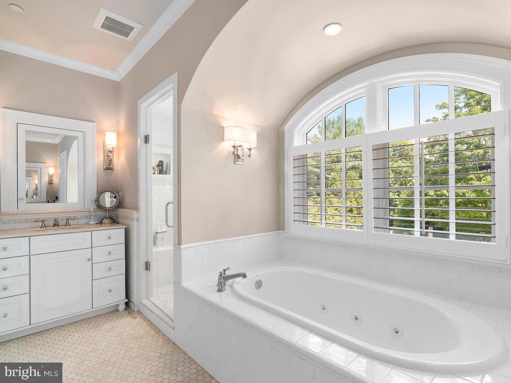 4400 Elm Street Chevy Chase, MD 20815 - Photo 28 of 61 a bathroom with a bathtub a double vanity sink a window and a mirror