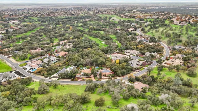 an aerial view of residential houses with outdoor space and trees
