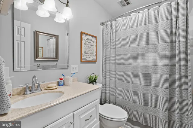 a bathroom with a sink a toilet and shower curtain