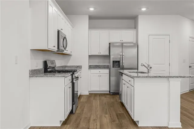 a kitchen with stainless steel appliances granite countertop a stove a sink and a refrigerator