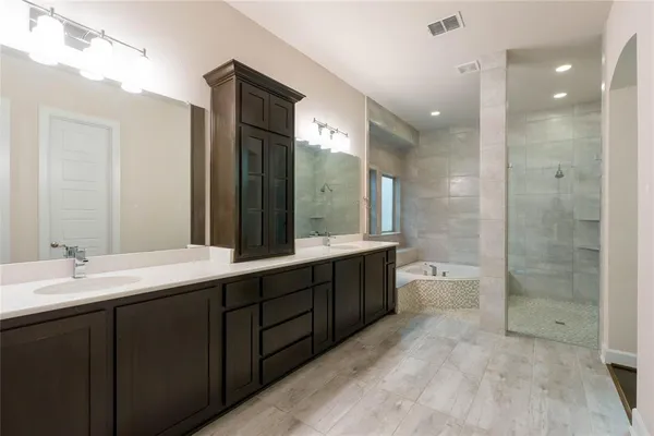 a bathroom with a double vanity sink mirror double shower and a bathtub