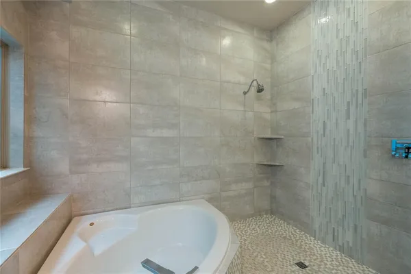 a bathroom with a bathtub and a shower