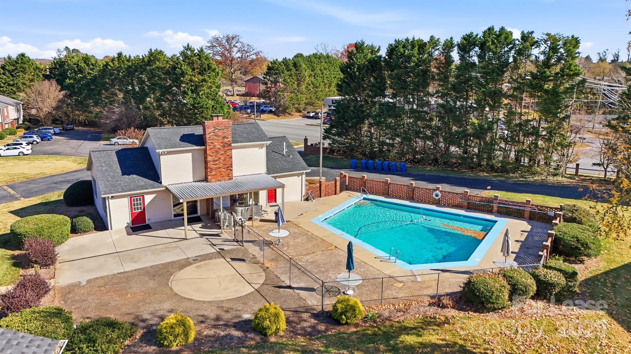 an outdoor space with seating