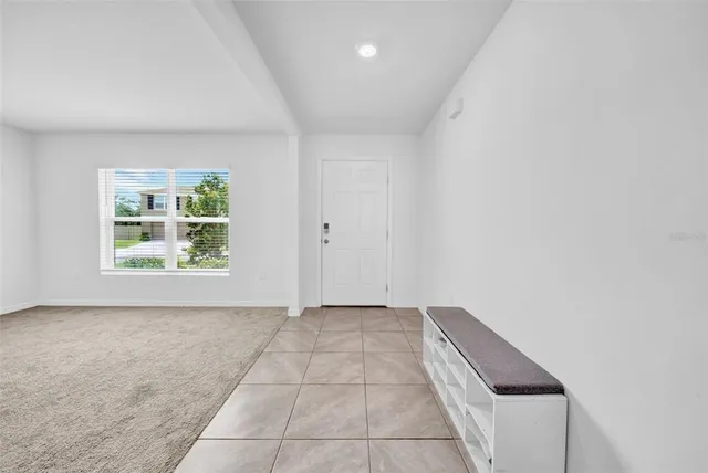 a view of hallway with window and a potted plant
