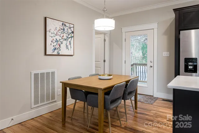 a view of a dining room with furniture window and wooden floor