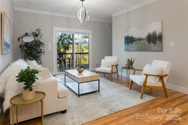 a living room with furniture and a potted plant