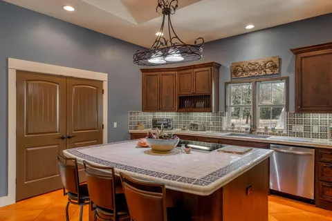 a kitchen with a counter space a sink appliances and cabinets