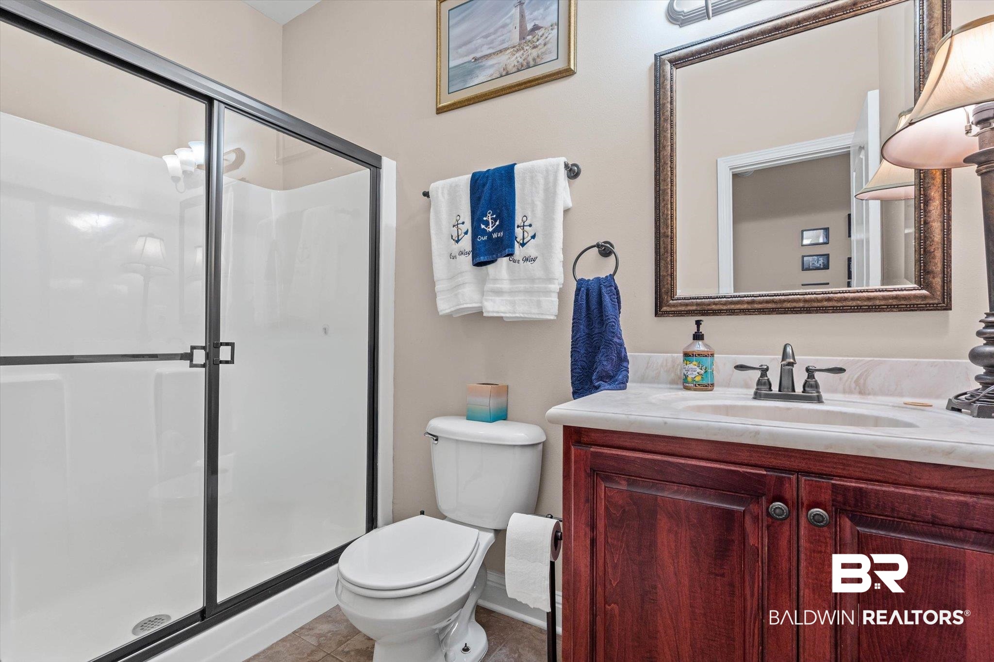 6175 South Grand Bay Wilmer Road Grand Bay, AL 36541 - Photo 18 of 42 Bathroom with vanity, a stall shower, and tile patterned flooring