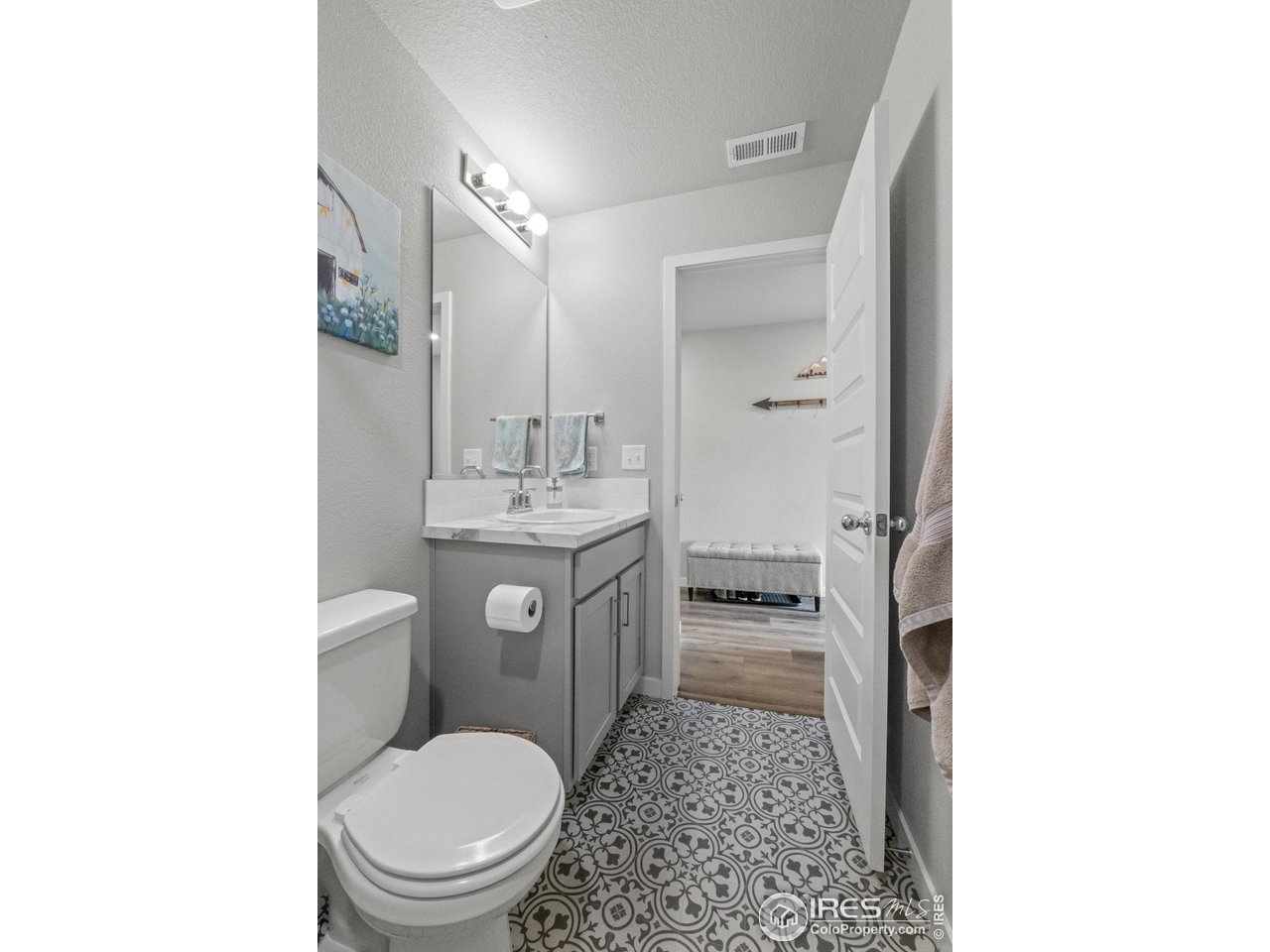 515 Wildcat Parkway Wiggins, CO 80654 - Photo 10 of 43 a bathroom with a toilet a sink a mirror and vanity