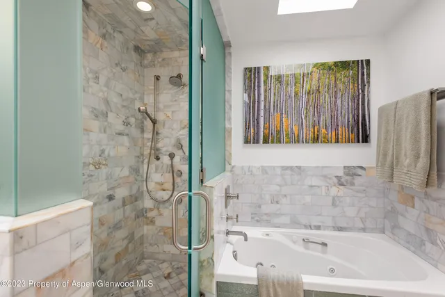 a bathroom with a bathtub and shower