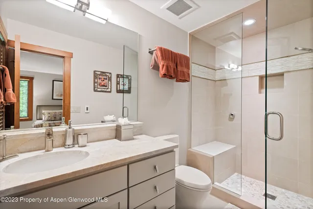 a bathroom with a granite countertop sink a toilet a mirror a vanity and shower
