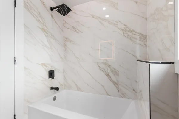 a bathroom with a bathtub