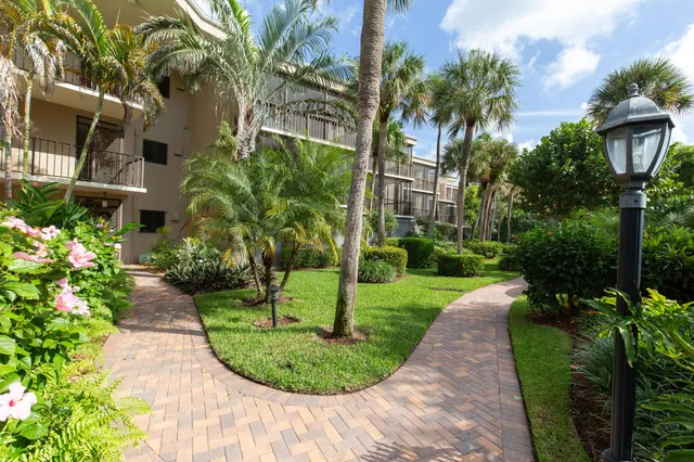 a view of a garden with a fountain