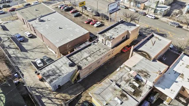 an aerial view of a building with balcony
