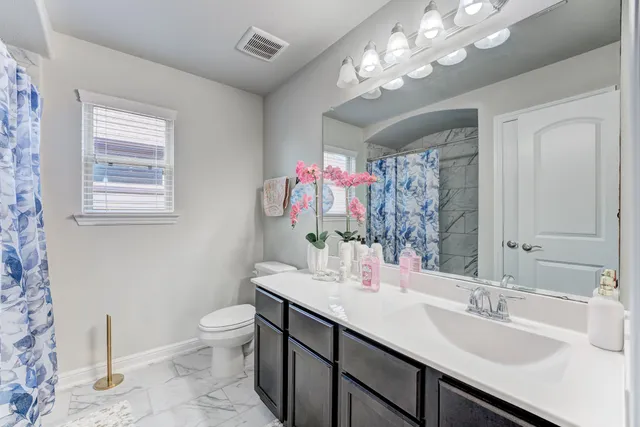 a bathroom with a double vanity sink mirror and toilet