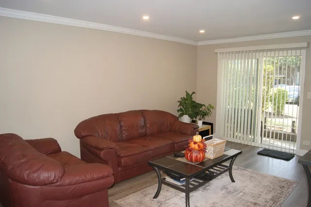 a living room with furniture and a potted plant