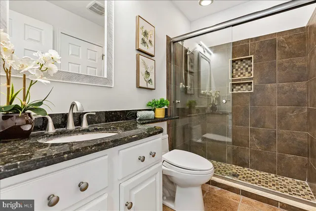a bathroom with a granite countertop sink a mirror a toilet and shower