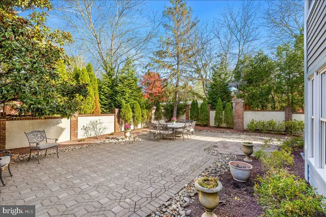 a view of a backyard with fountain and plants