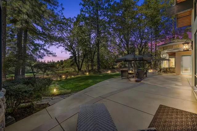 a view of a city with lush green forest