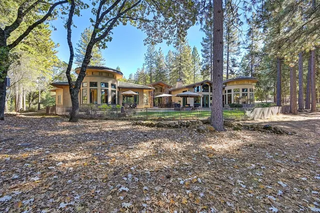 a view of a grassy field with trees in the background