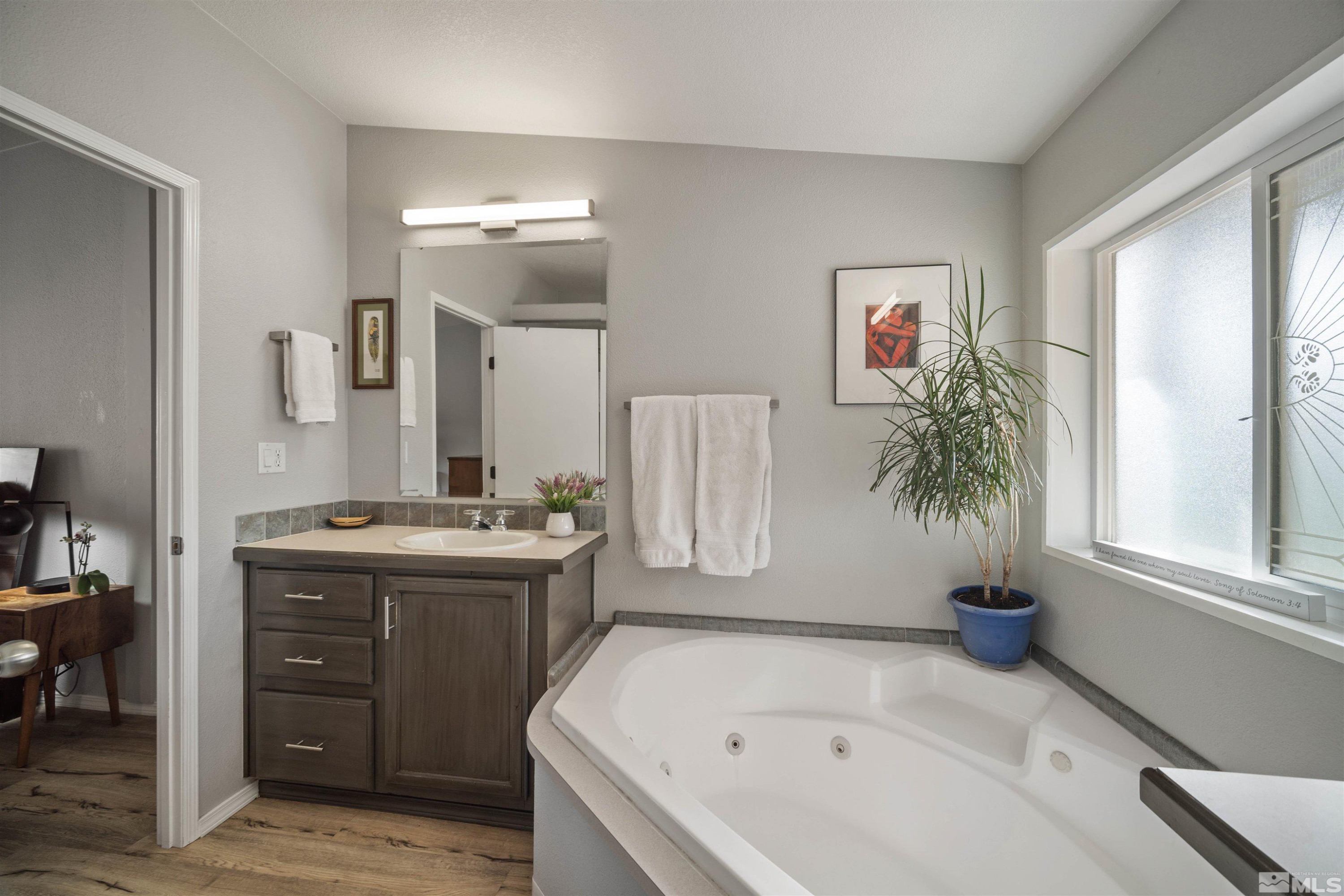 13705 North Red Rock Road Reno, NV 89508 - Photo 24 of 46 a bathroom with a tub sink and mirror