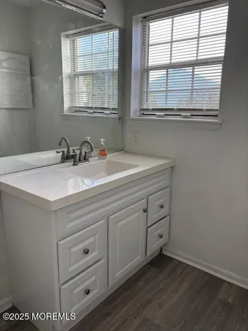 a bathroom with a sink and a window